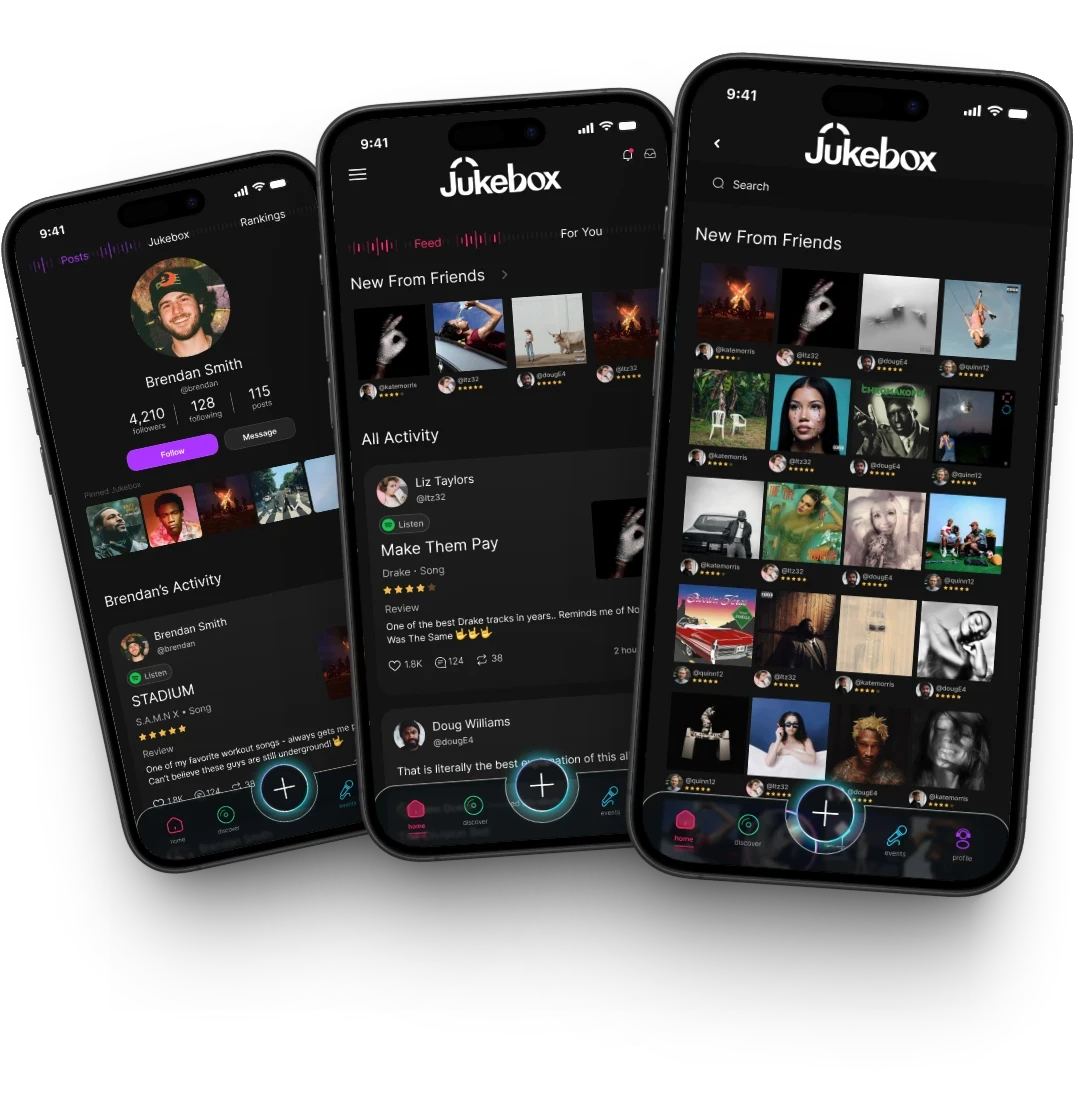 Jukebox app screens: a profile with a pinned Jukebox, the friends feed, and New From Friends